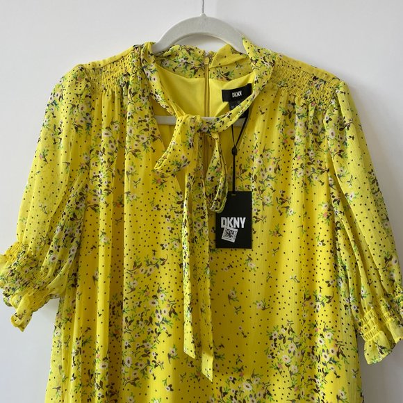 DKNY Yellow Floral, Short Sleeve,‎ V-Neck Dress with Tie Neck, Size 16, NWT - Picture 6 of 12